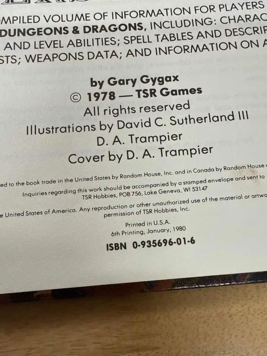 AD&D 1E PLAYERS HANDBOOK 6th Printing