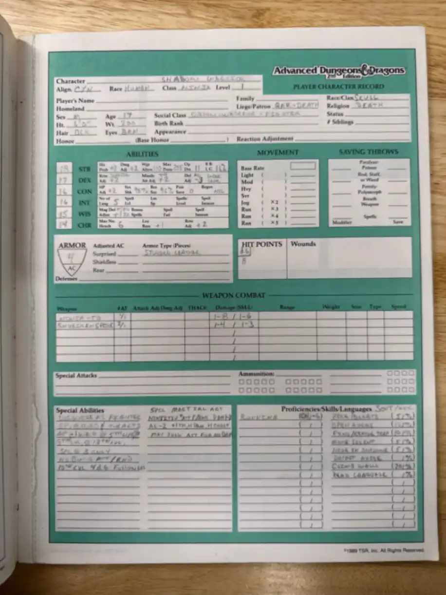 Character Record Sheets AD&D 2E